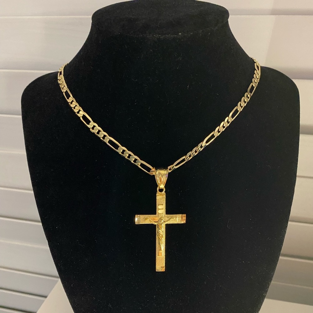 Plated Gold Cross & Figaro Necklace